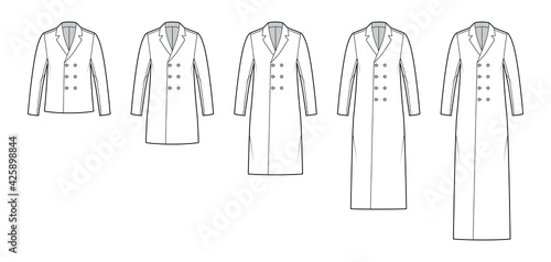 Set of coats technical fashion illustration with long sleeves, notched shawl collar, oversized body, double breasted. Flat jacket template front, white color style. Women, men, unisex CAD mockup
