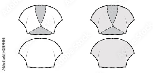Faux fur shrug bolero technical fashion illustration with V- neck, capped sleeves, cut-away style, fitted body, crop length. Flat top apparel front, back, white grey color. Women men unisex CAD mockup