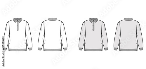 Polo Sweater technical fashion illustration with rib henley neck, long sleeves, oversized, hip length, knit rib trim. Flat jumper apparel front, back, white grey color. Women, men unisex CAD mockup