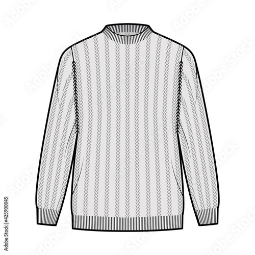 Ribbed Sweater technical fashion illustration with rib crew neck, long sleeves, oversized, hip length, knit cuff trim. Flat jumper apparel front, grey color style. Women, men unisex CAD mockup