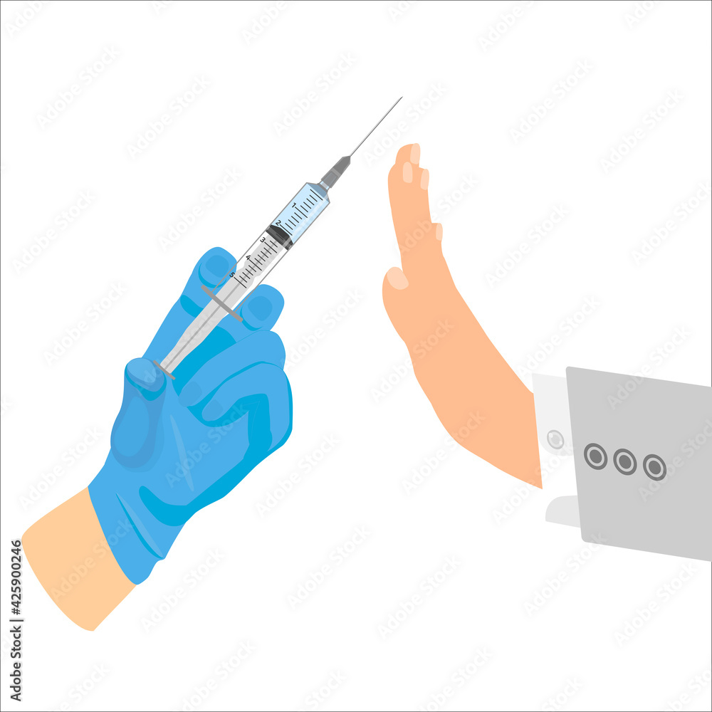 Refusal vaccination concept with sign hand stop, syringe icon, concept stop vaccination, injection. Doctor holds syringe with vaccine in hand. Side effects, illness or death from the injection. Flat Refusal vaccination concept with sign hand stop, syringe icon, concept stop vaccination, injection. Doctor holds syringe with vaccine in hand. Side effects, illness or death from the injection. Flat