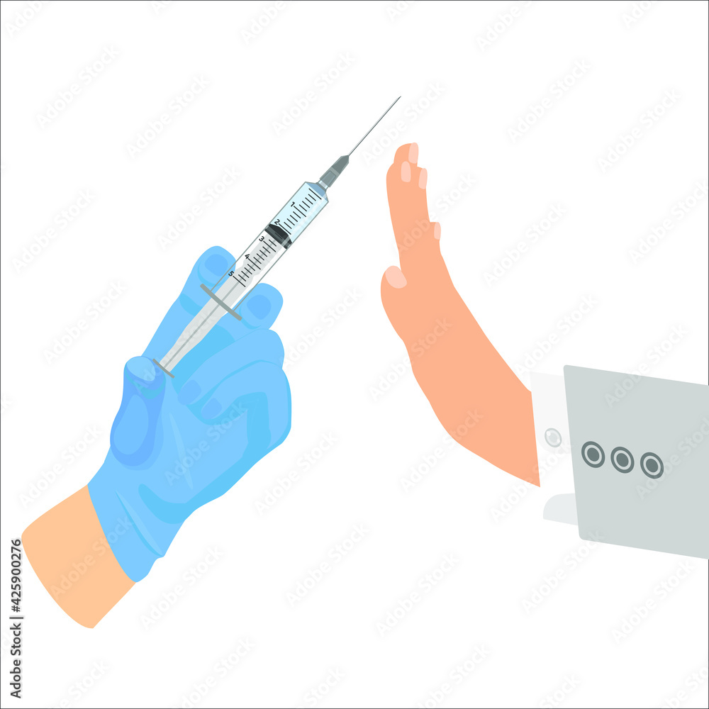 Refusal vaccination concept with sign hand stop, syringe icon, concept stop vaccination, injection. Doctor holds syringe with vaccine in hand. Side effects, illness or death from the injection. Flat Refusal vaccination concept with sign hand stop, syringe icon, concept stop vaccination, injection. Doctor holds syringe with vaccine in hand. Side effects, illness or death from the injection. Flat
