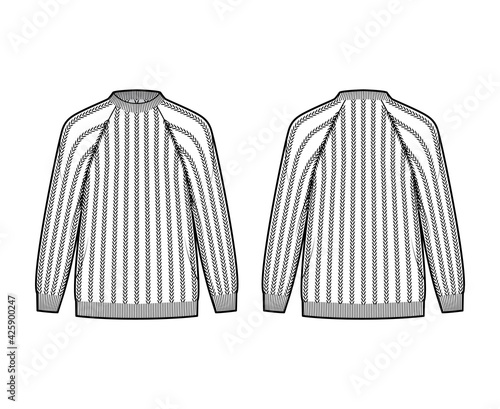 Ribbed Sweater technical fashion illustration with rib crew neck, long raglan sleeves, oversized, hip length, knit cuff trim. Flat jumper apparel front, back, white color style. Women, men unisex CAD