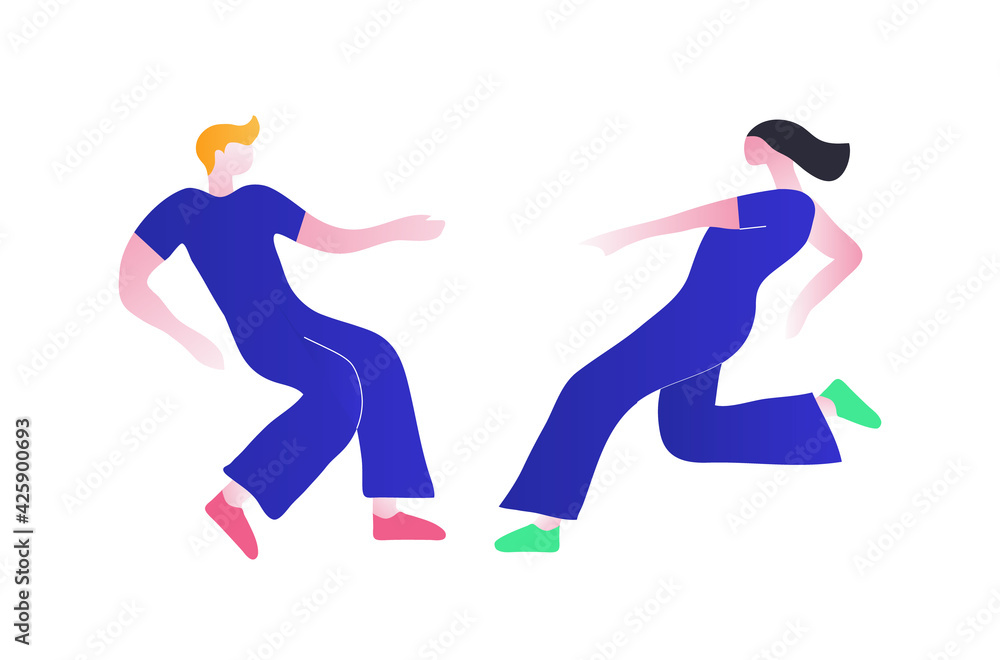 Vector illustration of a couple dancing. A guy and a girl in blue clothes dancing energetic dance. Trendy flat style illustration. Isolated on white background. Vector illustration of a couple dancing. A guy and a girl in blue clothes dancing energetic dance. Trendy flat style illustration. Isolated on white background.