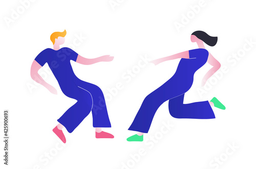 Vector illustration of a couple dancing. A guy and a girl in blue clothes dancing energetic dance. Trendy flat style illustration. Isolated on white background.