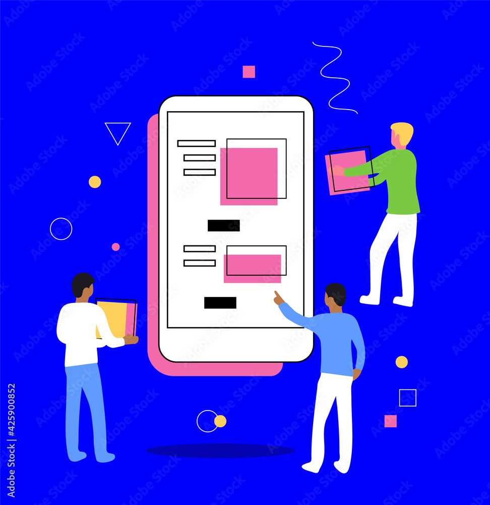 A person shows two people with boxes on the phone screen with app. Vector illustration of teamwork, delivery applications, online store, e-commerce. Can be used for website banner and landing page. A person shows two people with boxes on the phone screen with app. Vector illustration of teamwork, delivery applications, online store, e-commerce. Can be used for website banner and landing page.