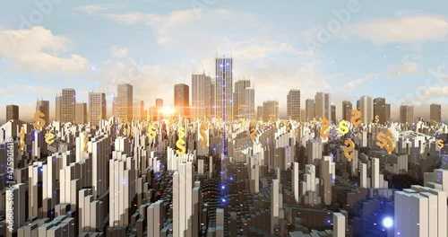 US Dollar Currency Signs Flying Over The Metropolitan Smart City Aerial Flight. Technology And Economy Related 4K CG Animations.