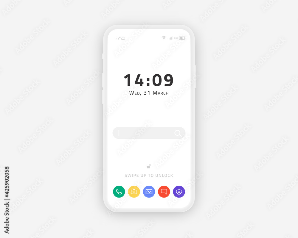 Smart phone touch screen mockup. White user interface, mobile homescreen with time and buttons. Vector illustration Smart phone touch screen mockup. White user interface, mobile homescreen with time and buttons. Vector illustration