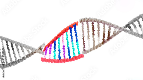 DNA molecule, abstract dna helix, black and white, the new replaced part is colorful, synthetic biology, genetic engineering, 3d illustration