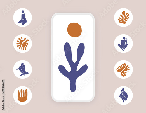 Stories highlight covers Matisse inspired. Bohemian decoration background, natural scandinavian pastel icons in vector