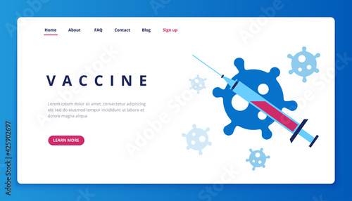 Vaccine coronavirus banner. Human care, pandemic prevention, medical injection. Covid antibodies, safety. Vector art