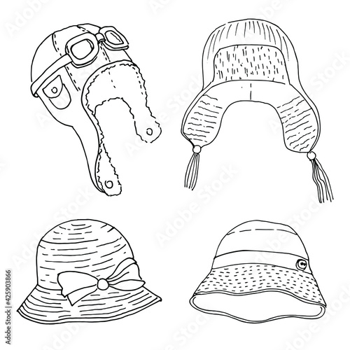 Set of 4 kids hats. Panama, straw hat, pilot's helmet, ushanka hat. Hand drawn style. Vector