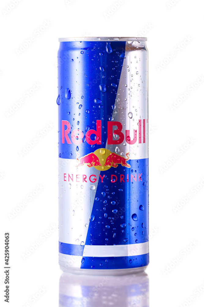 Moscow, Russia - April, 2021: Aluminum can of Red Bull Energy Drink  isolated on white background with reflection and water drops Stock Photo |  Adobe Stock