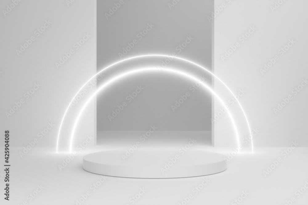 Abstract white background. Minimal modern graphic design backdrop. Simple white geometric wallpaper. Futuristic empty room with neon light circle. Abstract white background. Minimal modern graphic design backdrop. Simple white geometric wallpaper. Futuristic empty room with neon light circle.