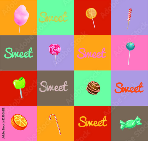 Different types of lollipops and colorful caramels on a fashionable background. A postcard, menu, or tag for a pastry shop. Inscriptions of delicious desserts.