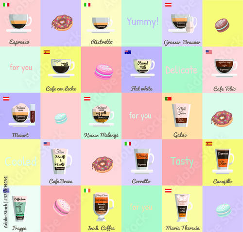 Infographics of coffee types and their preparation. A trendy menu for a coffee shop with delicious inscriptions. Coffee and country of origin.