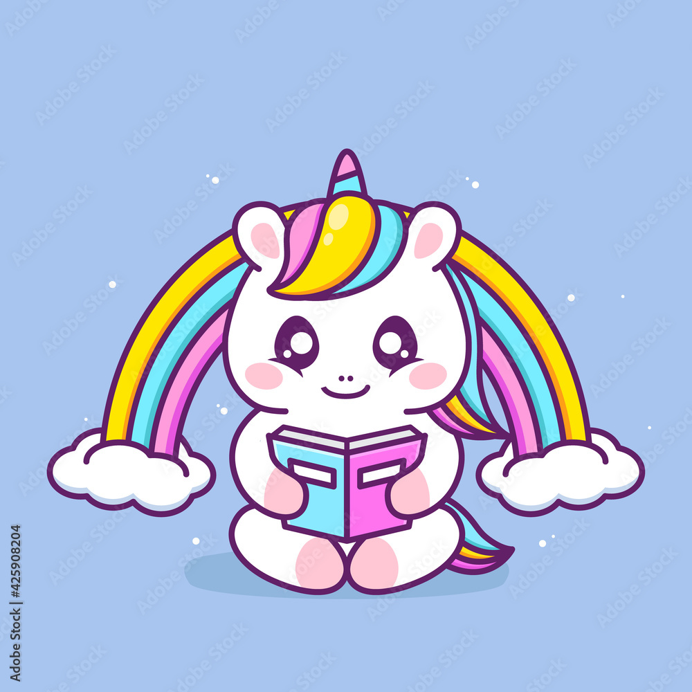 cute happy unicorn reading book with rainbow