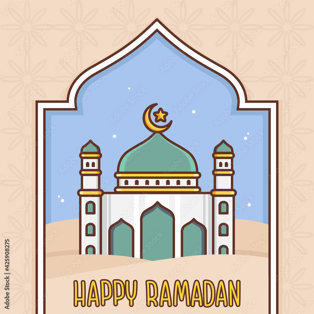 happy ramadan illustration with mosque and pattern