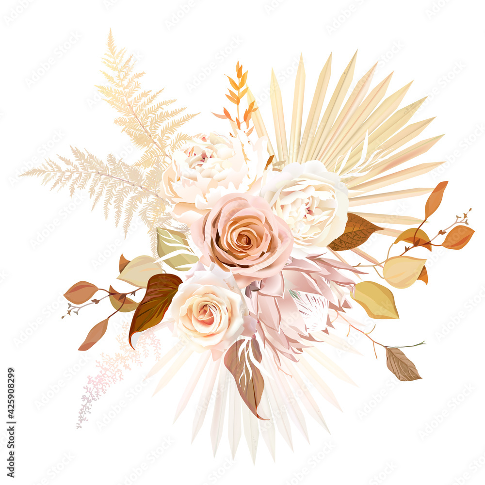Fototapeta Trendy dried palm leaves, blush pink rose, pale protea, white ranunculus, pampas grass vector