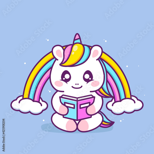 cute happy unicorn reading book with rainbow