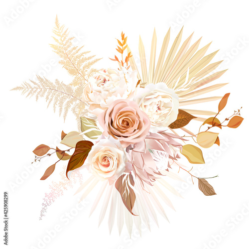Trendy dried palm leaves, blush pink rose, pale protea, white ranunculus, pampas grass vector