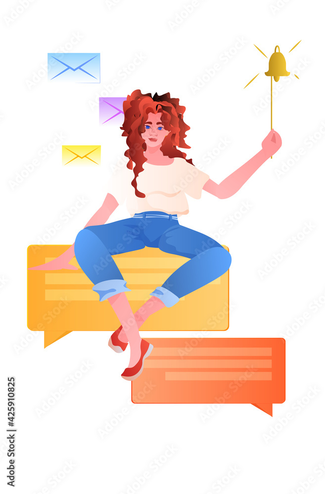 woman holding notification bell social media communication concept woman holding notification bell social media communication concept