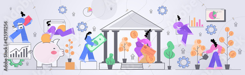 businesswomen putting coins and money banknotes in bank investment crowdfunding savings concept