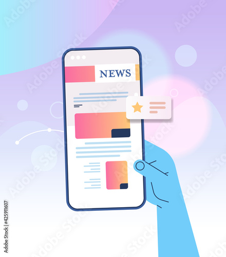 hand using mobile app for online reading news newspaper or magazine on smartphone screen breaking news