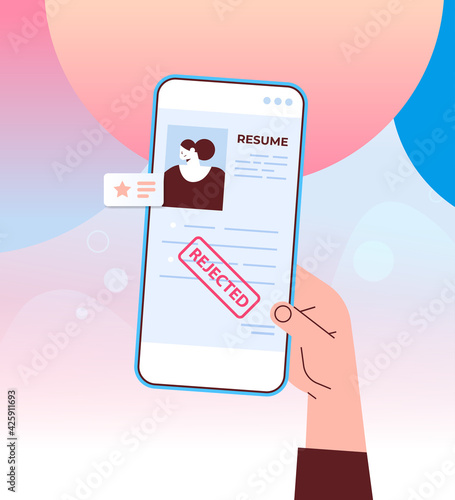 cv portfolio of job candidate resume with stamp rejected on smartphone screen recruitment hiring concept