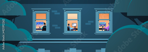exterior of building with mix race neighbors virtual gamers playing online video games on personal computers