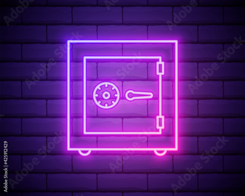 Glowing neon line Safe icon isolated on brick wall background. The door safe a bank vault with a combination lock. Reliable Data Protection. Colorful outline concept. Vector