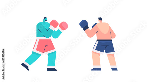 two professional boxers fighting on arena sportsmen boxing healthy lifestyle sport concept