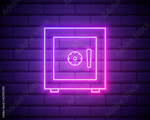 Glowing neon line Safe icon isolated on brick wall background. The door safe a bank vault with a combination lock. Reliable Data Protection. Colorful outline concept. Vector