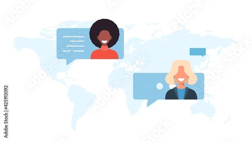 Global communication concept. World map with multiculture charater connection or chatting motion animation. 4k video with alpha matte channel