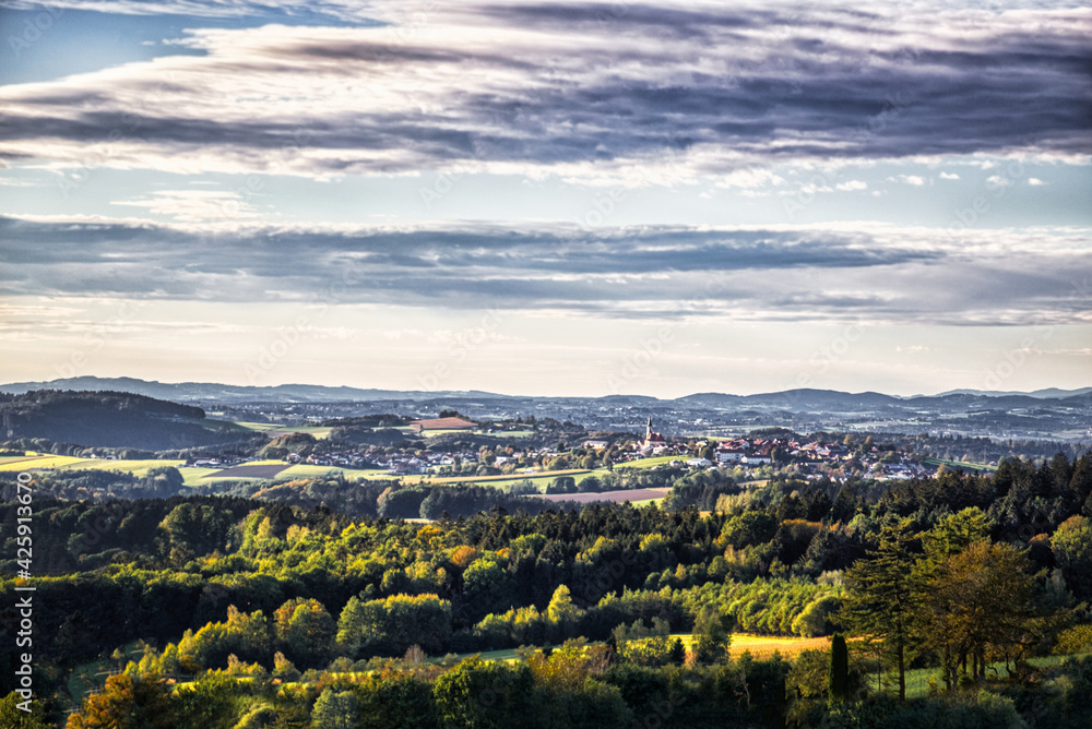Panorama view at the rural landscape between the small towns Obernzell and Wegscheid in lower bavaria, germany