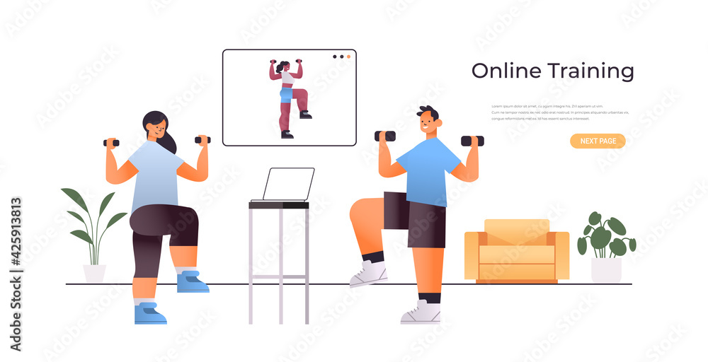 couple doing physical exercises while watching online video training program with fitness trainer workout concept couple doing physical exercises while watching online video training program with fitness trainer workout concept