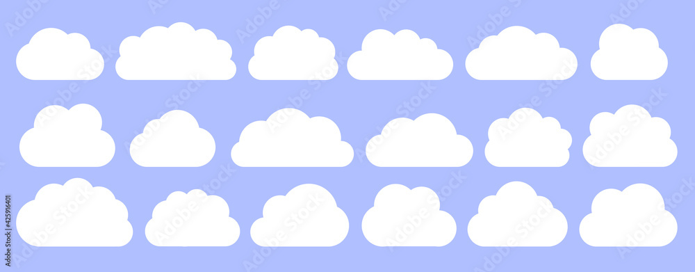 White flat vector cloud set. Clouds cartoon symbols on blue background with shadow for web site design, logo, app. Bubble icon collection for infographic design. Label and stickers White flat vector cloud set. Clouds cartoon symbols on blue background with shadow for web site design, logo, app. Bubble icon collection for infographic design. Label and stickers