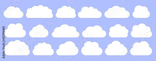 White flat vector cloud set. Clouds cartoon symbols on blue background with shadow for web site design, logo, app. Bubble icon collection for infographic design. Label and stickers