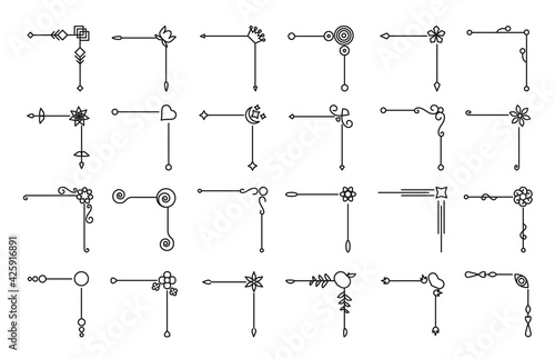Flower and leaf vector line corners, dividers on isolated white. Decorative ornaments for scrapbook, card, book, wedding invate, menu or certificate. Chapter decorations and delimiters set.