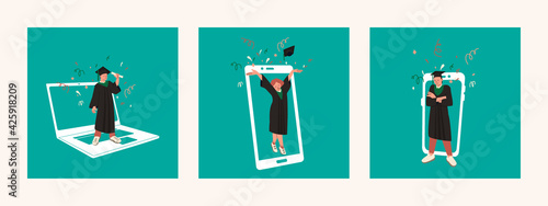 Online education. Graduation in a virtual school. Happy students on the background of gadgets, laptop, smartphone, tablet. Flat vector illustration.