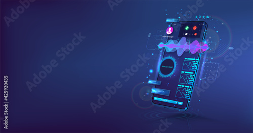 Voice assistant on mobile phone. 3D realistic device with sound wave and UI interface. Perspective view smartphone with voice recognition. Soundwave voice assistant and Equalizer sound waves. Vector