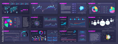 Infographic dashboard mockups with pie charts, information, diagrams and graphs. Presentation slides online statistics and data analytics. Template gradient UI, UX, info panels. Vector graphics set