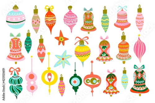 Vector Stylish set of Christmas toys in a lovely color palette.