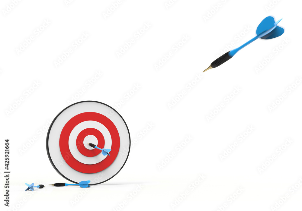 Dart throwing and hitting target white background Dart throwing and hitting target white background