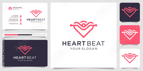 Heart beat logo template. pulse, medical, healthcare logo design heart and beat with love logo design inspiration with business card template. Premium Vector