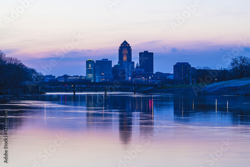 Reflections of the Des Moines Skyline in the Des Moines River at Sunset