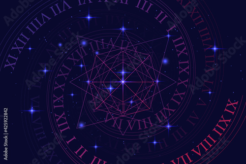 Astrology and numerology concept with zodiac signs and numbers over starry sky