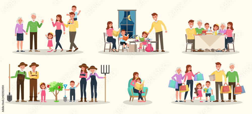 Set of Happy family people mother, father, grandparents and children together character vector design. Presentation in various action with emotions, running, standing and walking. no3