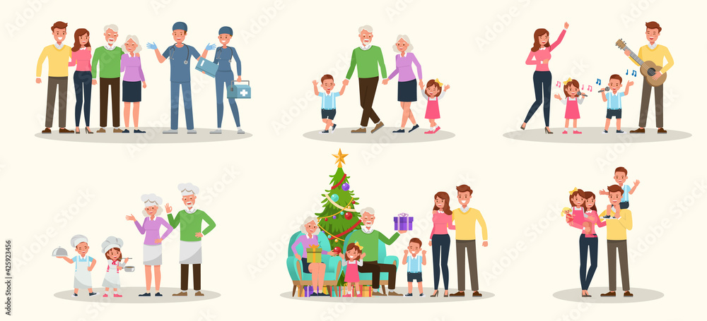 Set of Happy family people mother, father, grandparents and children together character vector design. Presentation in various action with emotions, running, standing and walking. no2 Set of Happy family people mother, father, grandparents and children together character vector design. Presentation in various action with emotions, running, standing and walking. no2