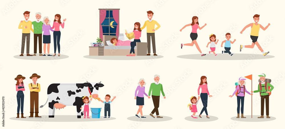 Set of Happy family people mother, father, grandparents and children together character vector design. Presentation in various action with emotions, running, standing and walking. no5